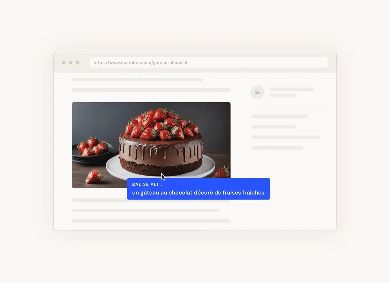 Exemple de balise alt optimisée "un gâteau au chocolat décoré de fraises fraîches