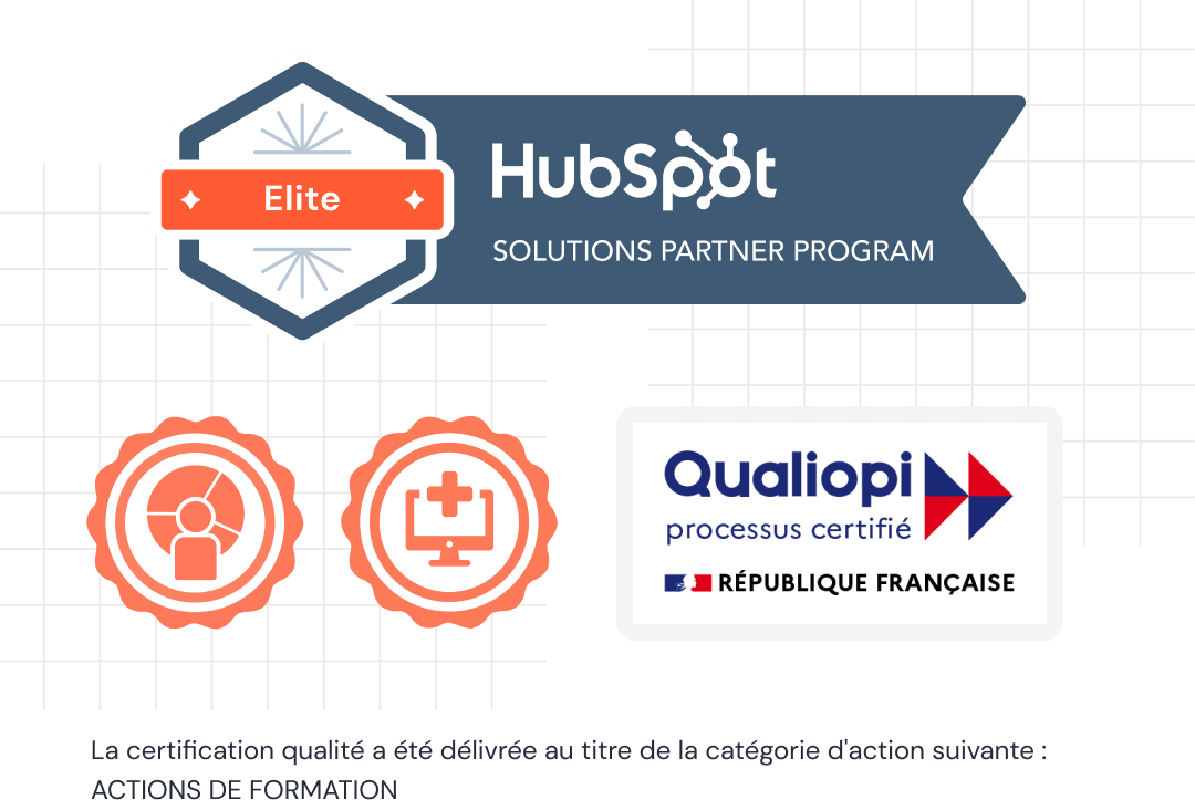 Logo Elite Solution Partner, 2 certifications HubSpot et Qualiopi