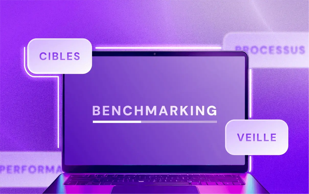 Illustration d'un benchmark webdesign sur un ordinateur violet